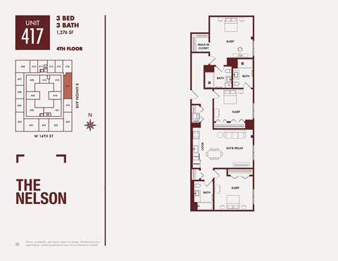 Floor plan for 3 beds, 3 baths, 1206 sqft